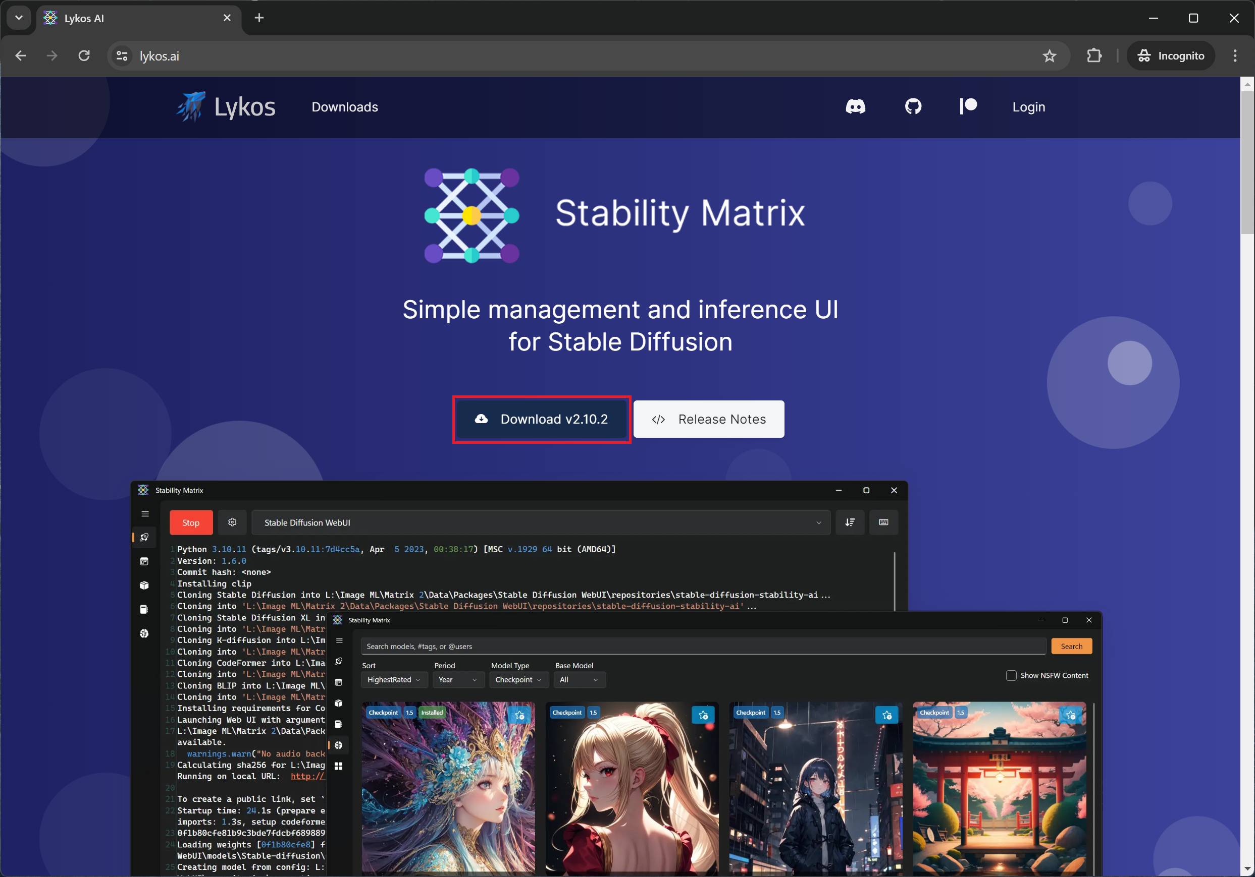Lykos website showing the Stability Matrix download link