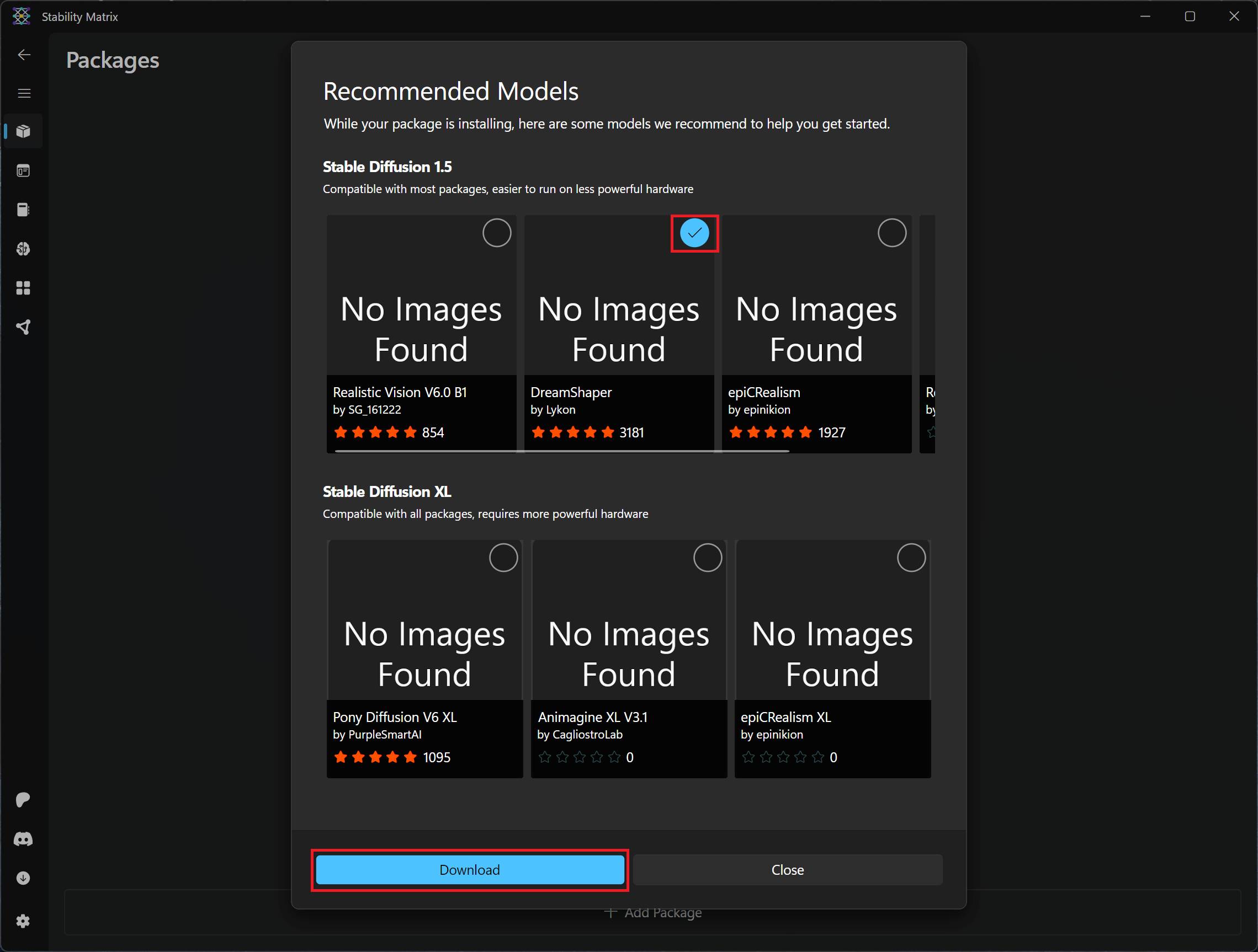 Selection of the model during the installation process of Stability Matrix. Here 'DreamShaper' is selected
