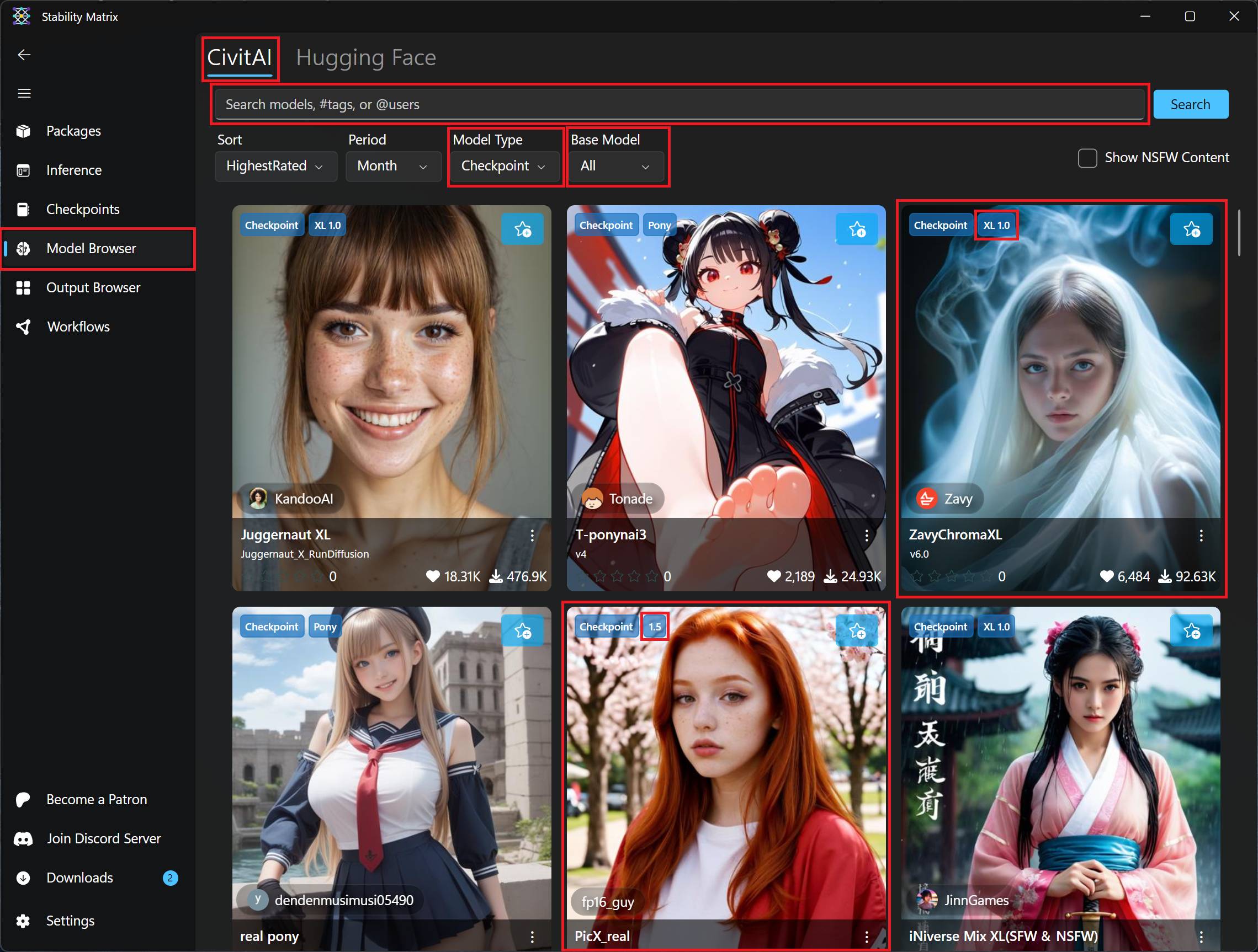 The different model types in the 'Model Browser' in Stability Matrix.