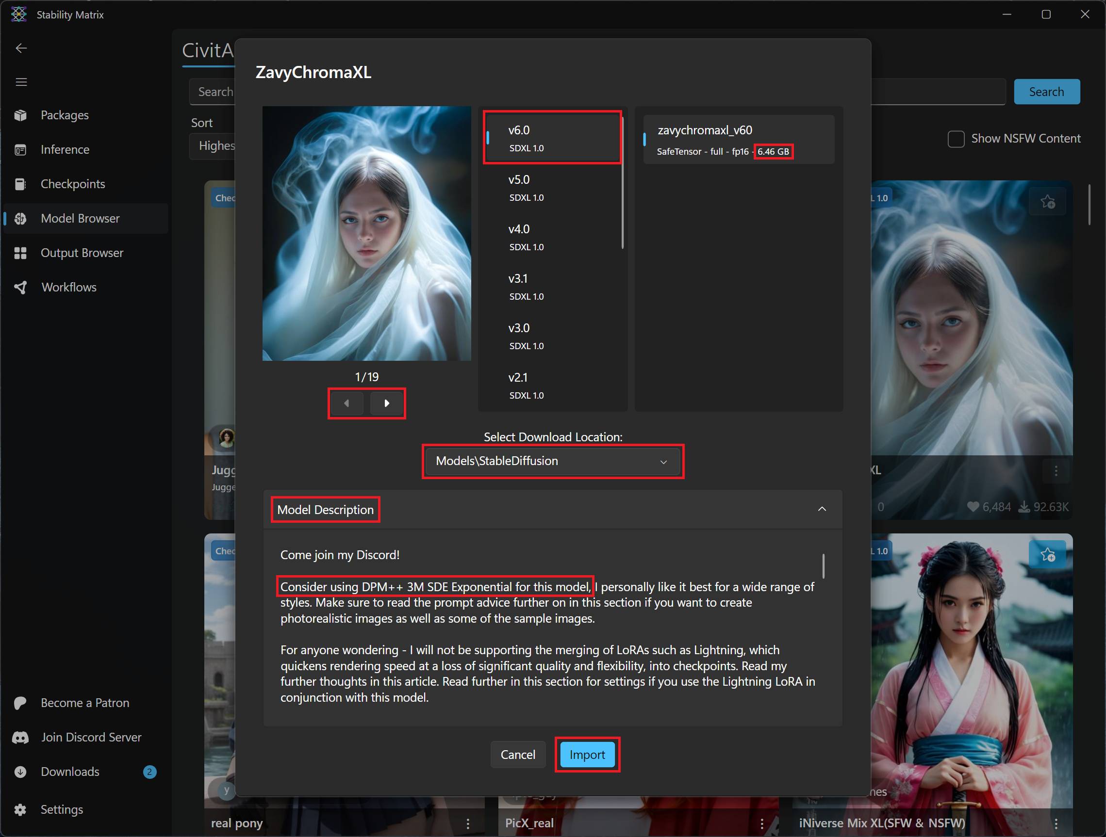 The model description in Stability Matrix. Here of the ZavyChromaXL model with helpful information about suitable settings for the model.