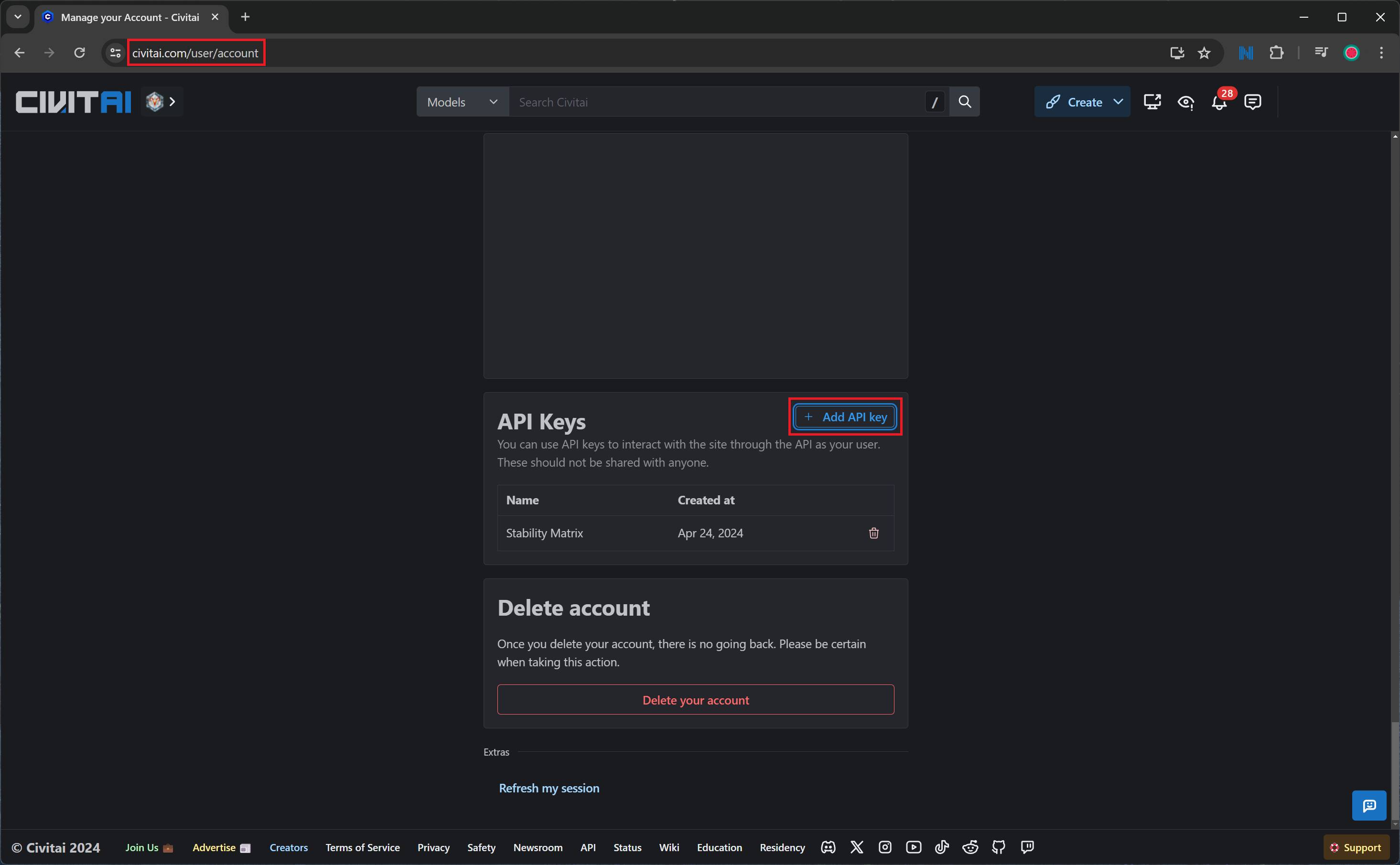 Creating a CivitAI API Key via the Account Manager.