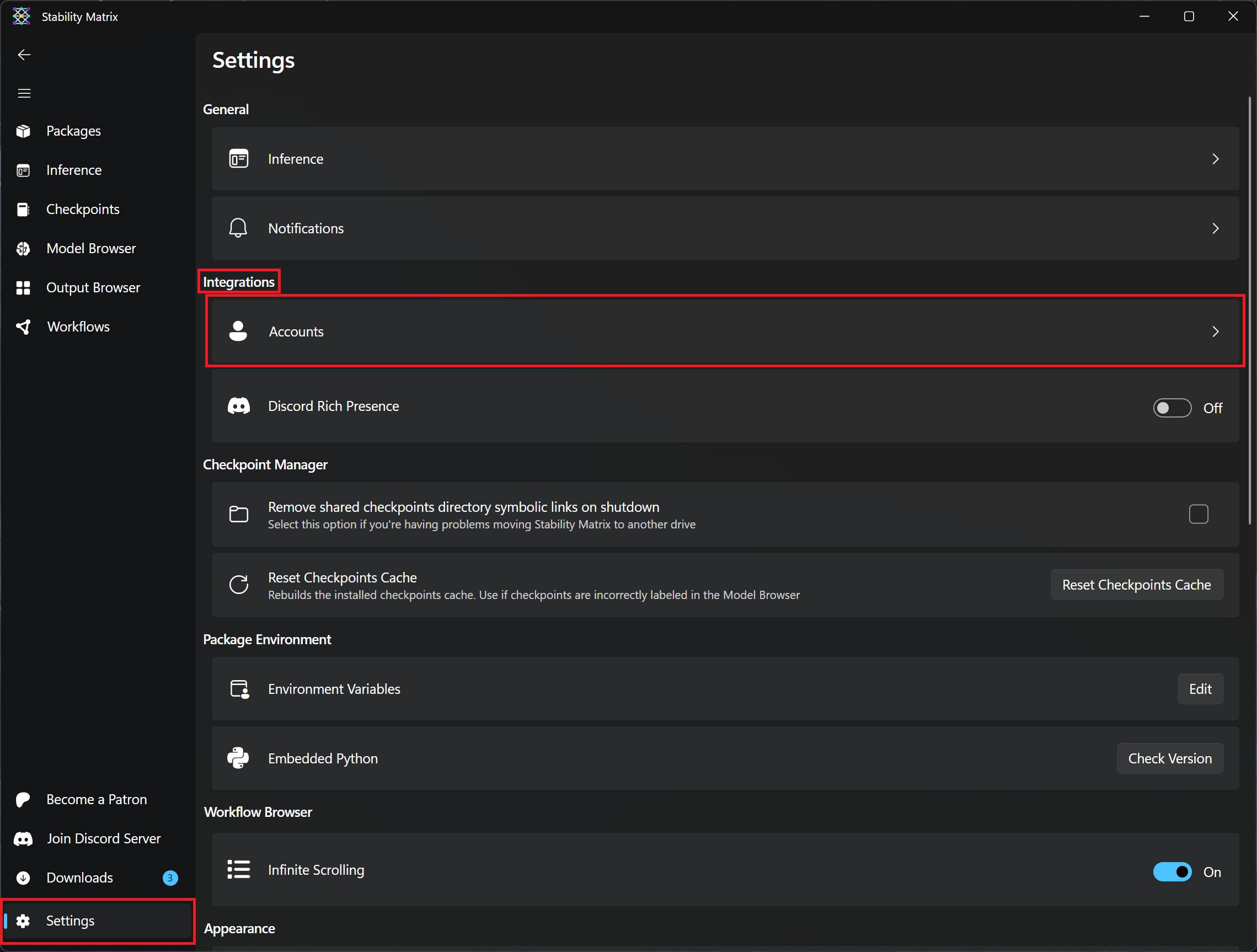 The 'Accounts' menu in the Stability Matrix settings.