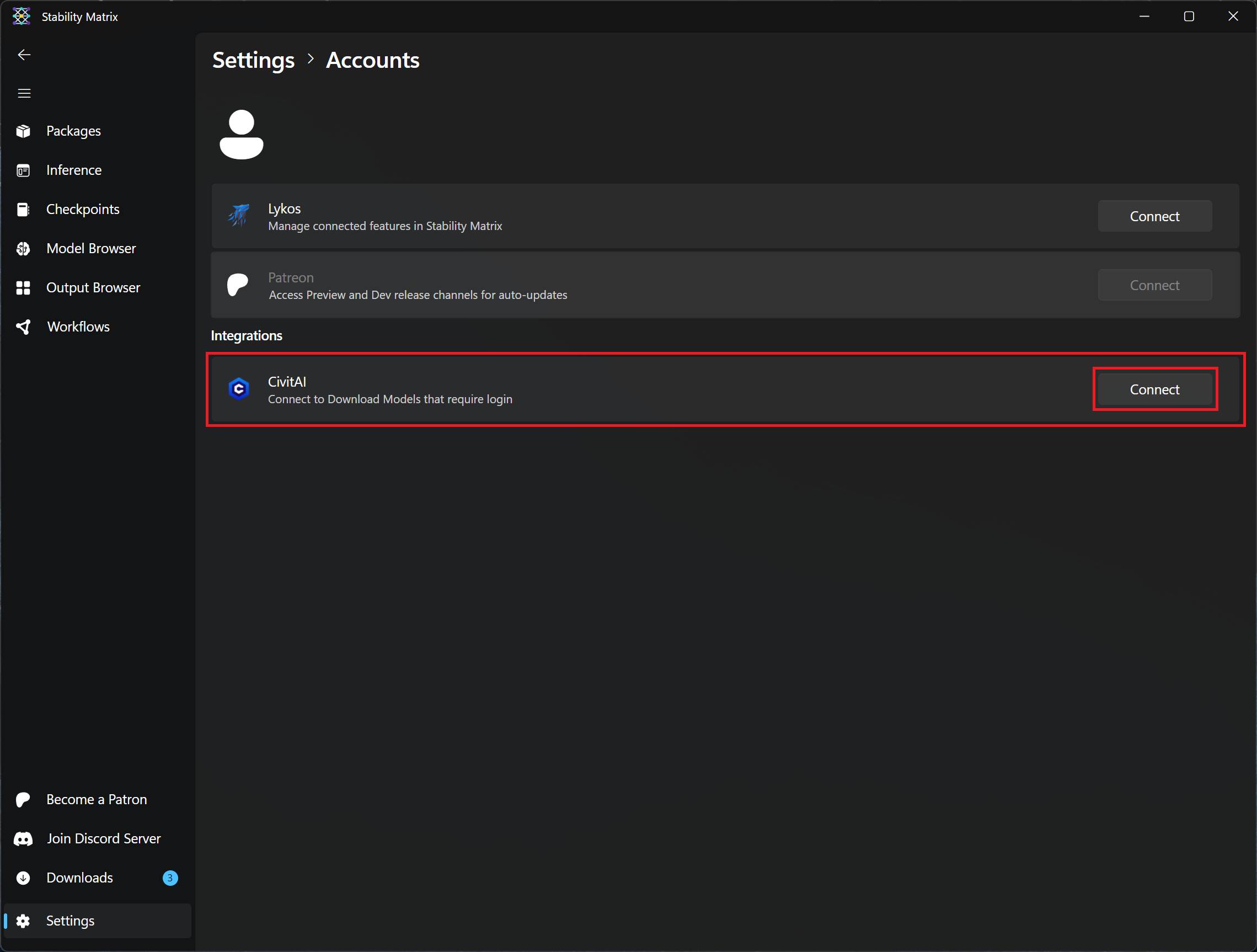 Connecting to CivitAI in Stability Matrix.