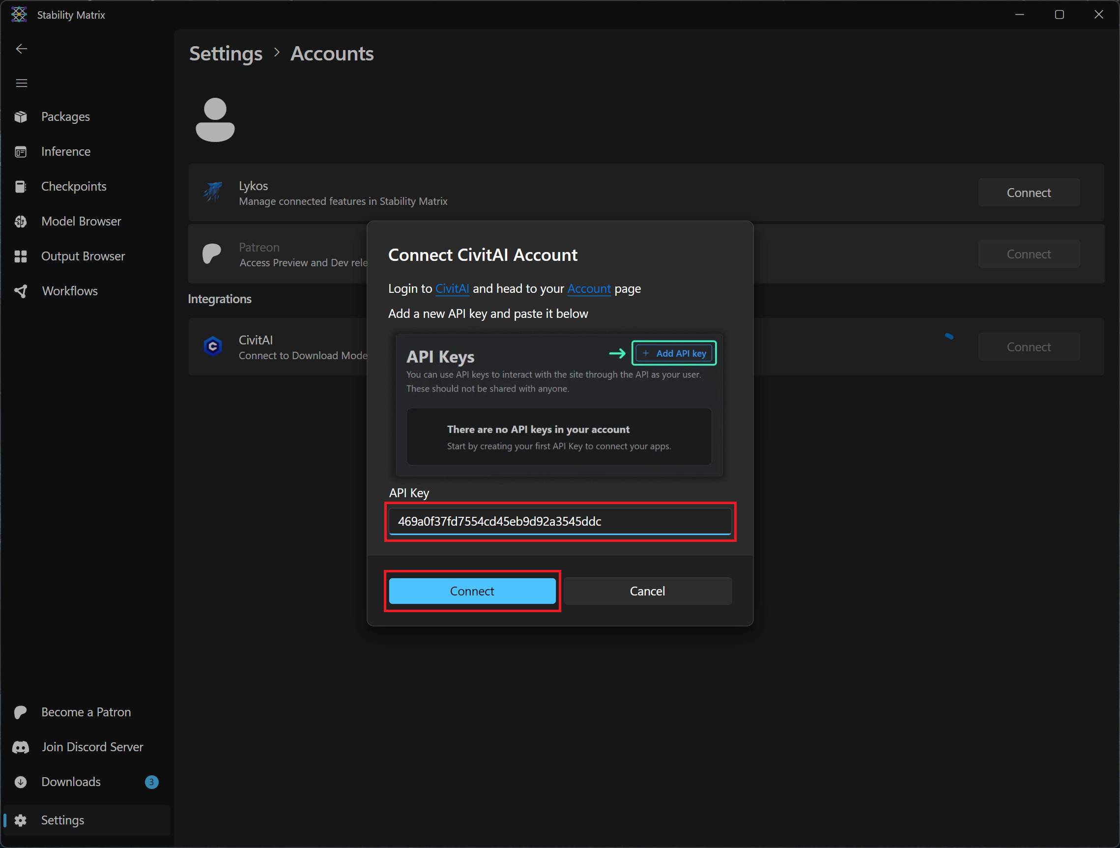Inserting the CivitAI API Key in Stability Matrix and connecting.