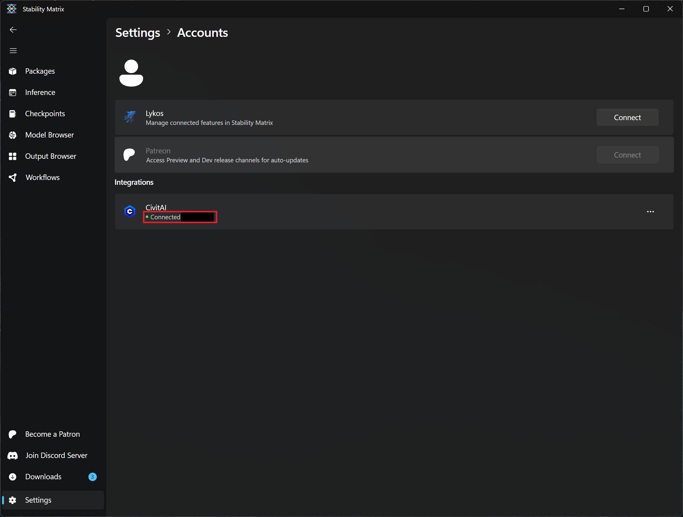 Successfully connected CivitAI API in Stability Matrix.