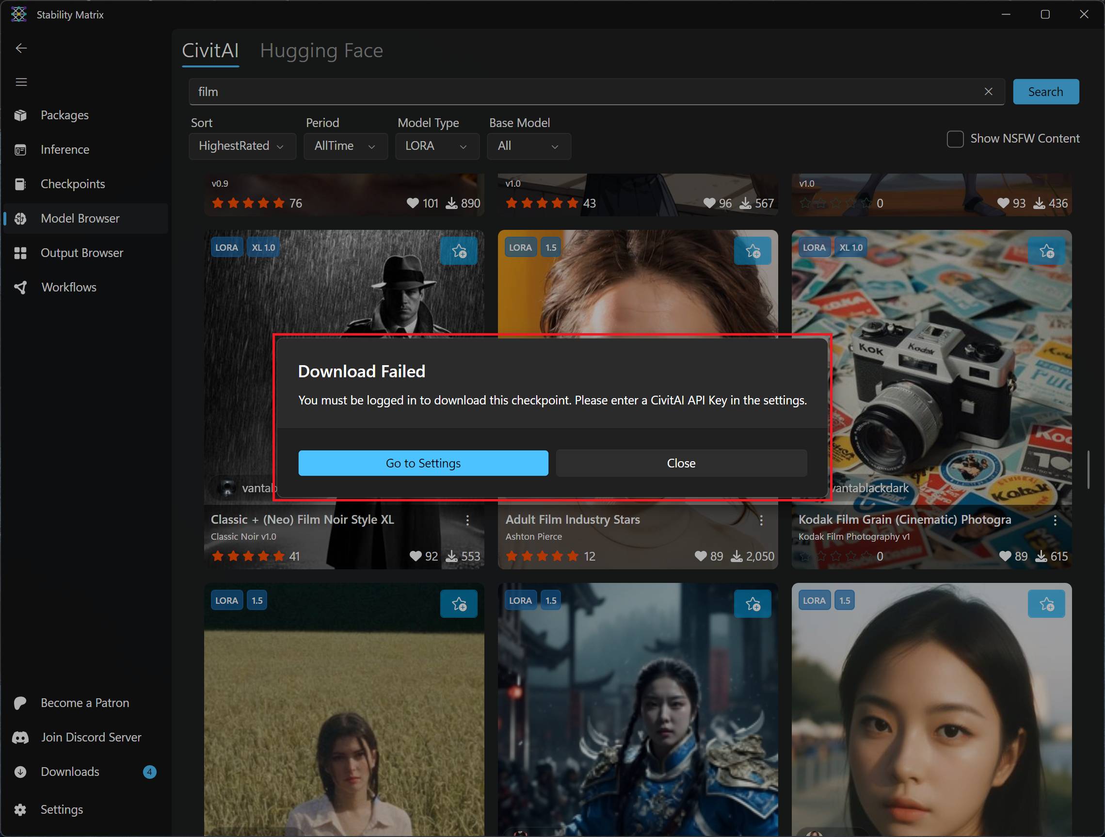 Error message in Stability Matrix of not being able to download a model due to CivitAI restrictions.