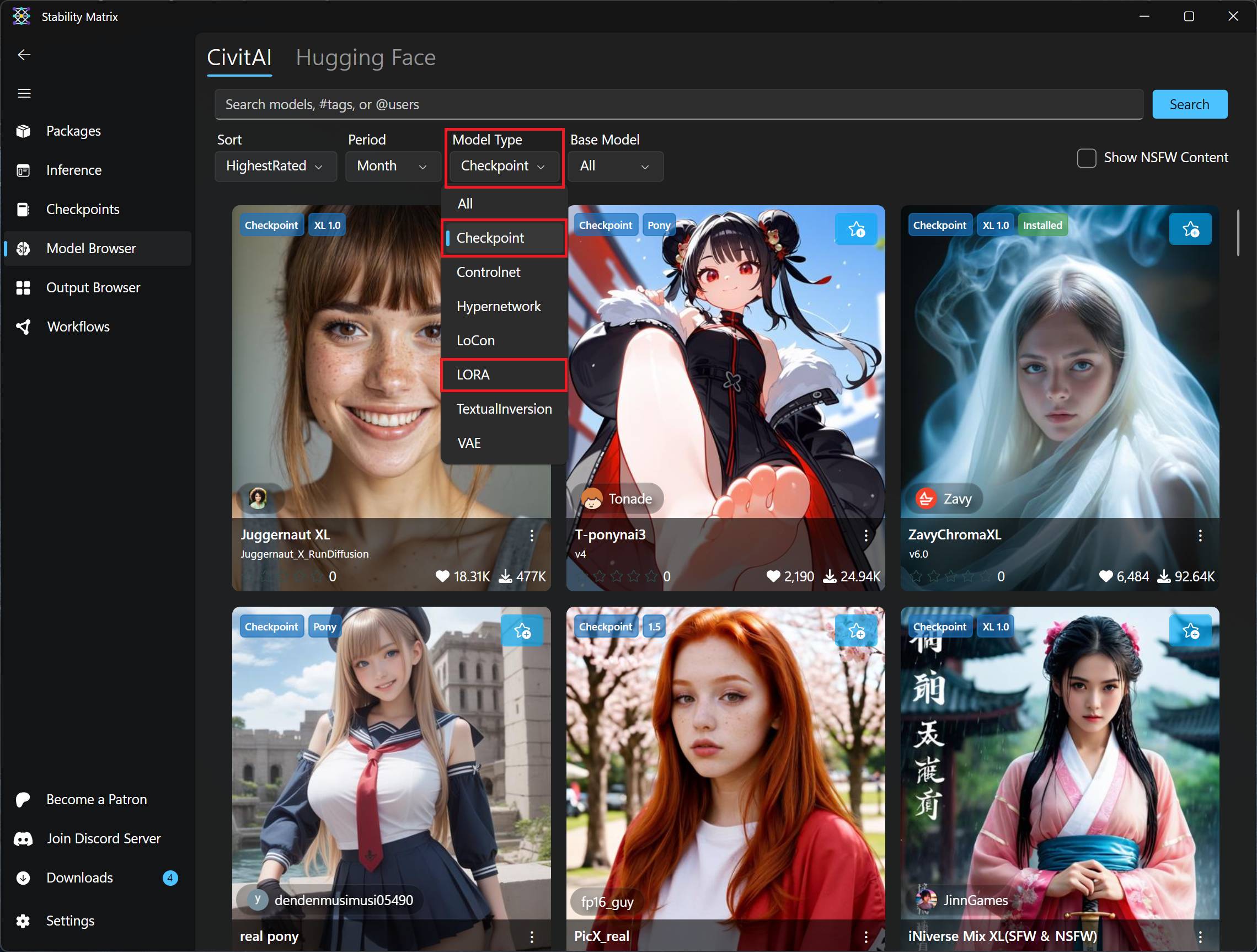 The different model types in the 'Model Browser' in Stability Matrix.