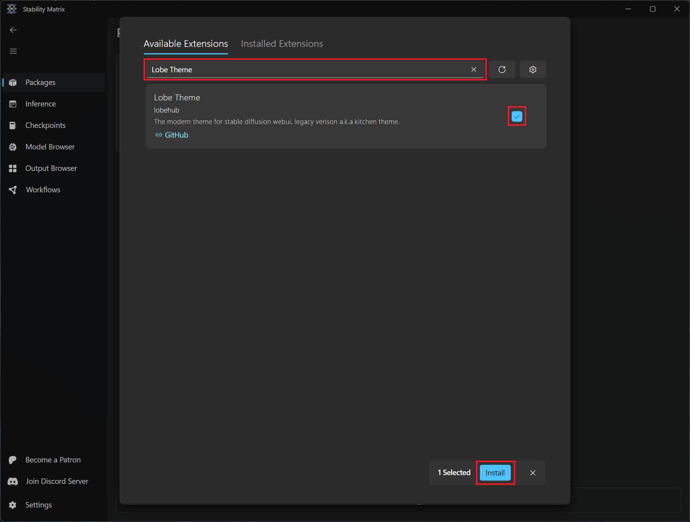 Installing extensions in Stability Matrix. In this case, the Lobe Theme for A1111.